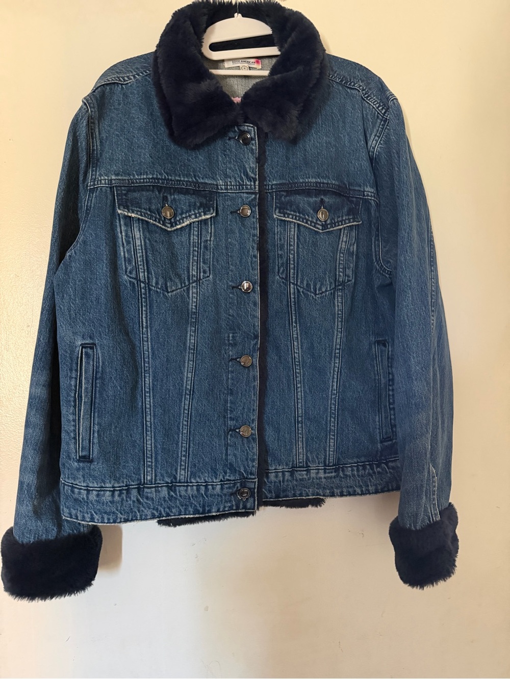 Good American Faux Fur Lined Denim Jacket Women’s Size 4 Blue Sherpa Trim